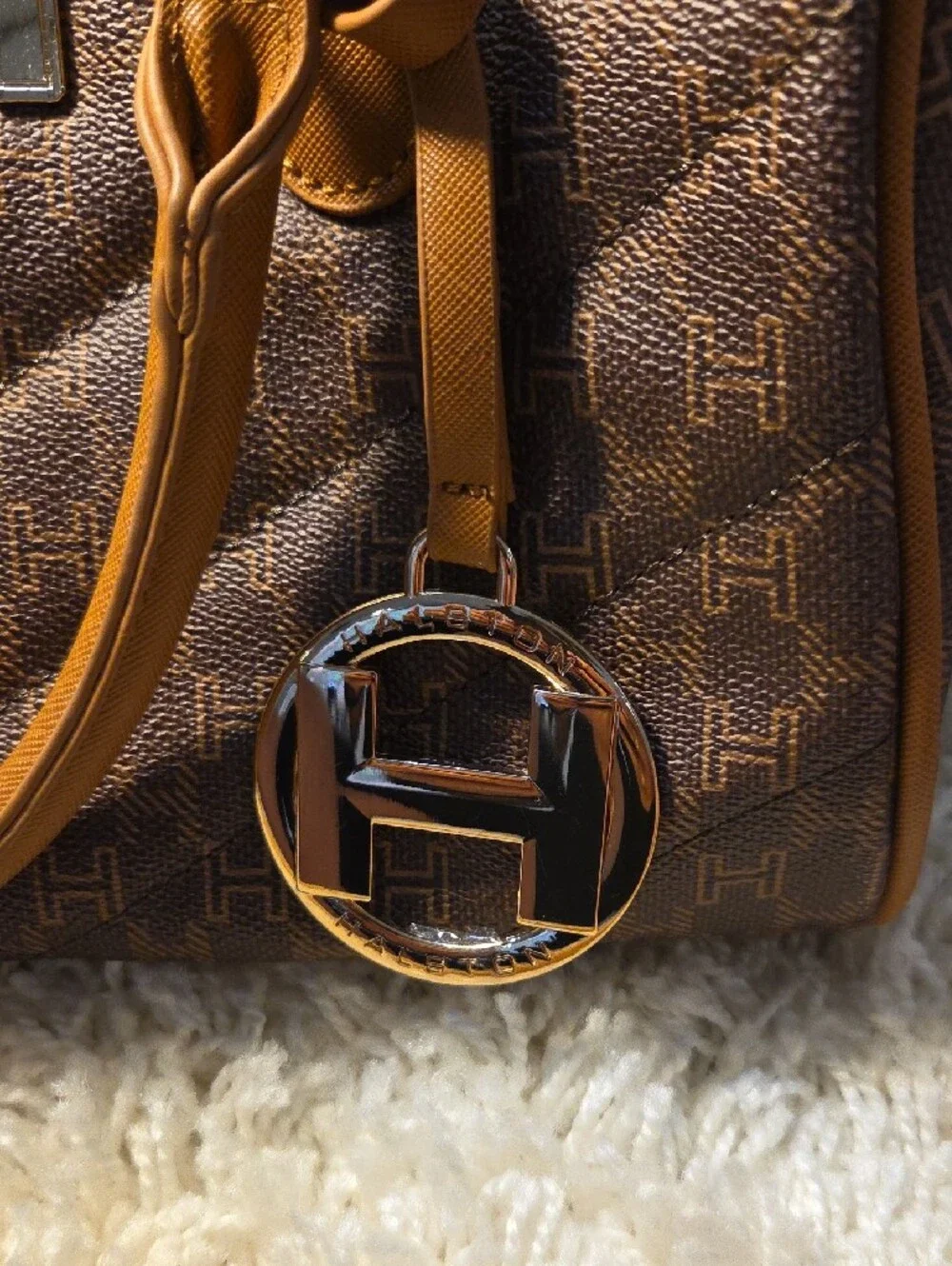 H by Halston Brown & Tan Monogram Satchel with Detachable Strap